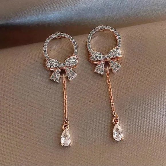 Elegant Bow Water Drop Pendant Stud Earrings - Picture 1 of 7